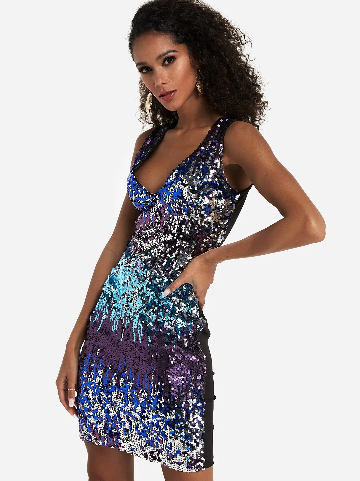 Wholesale Purple V-Neck Sleeveless Zip Back Sequins Embellished Dress