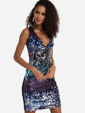 Wholesale Purple V-Neck Sleeveless Zip Back Sequins Embellished Dress