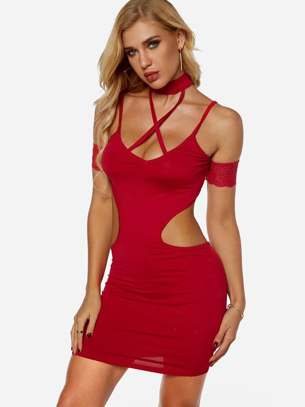 Wholesale Red Halter V-Neck Plain High Waist Dresses