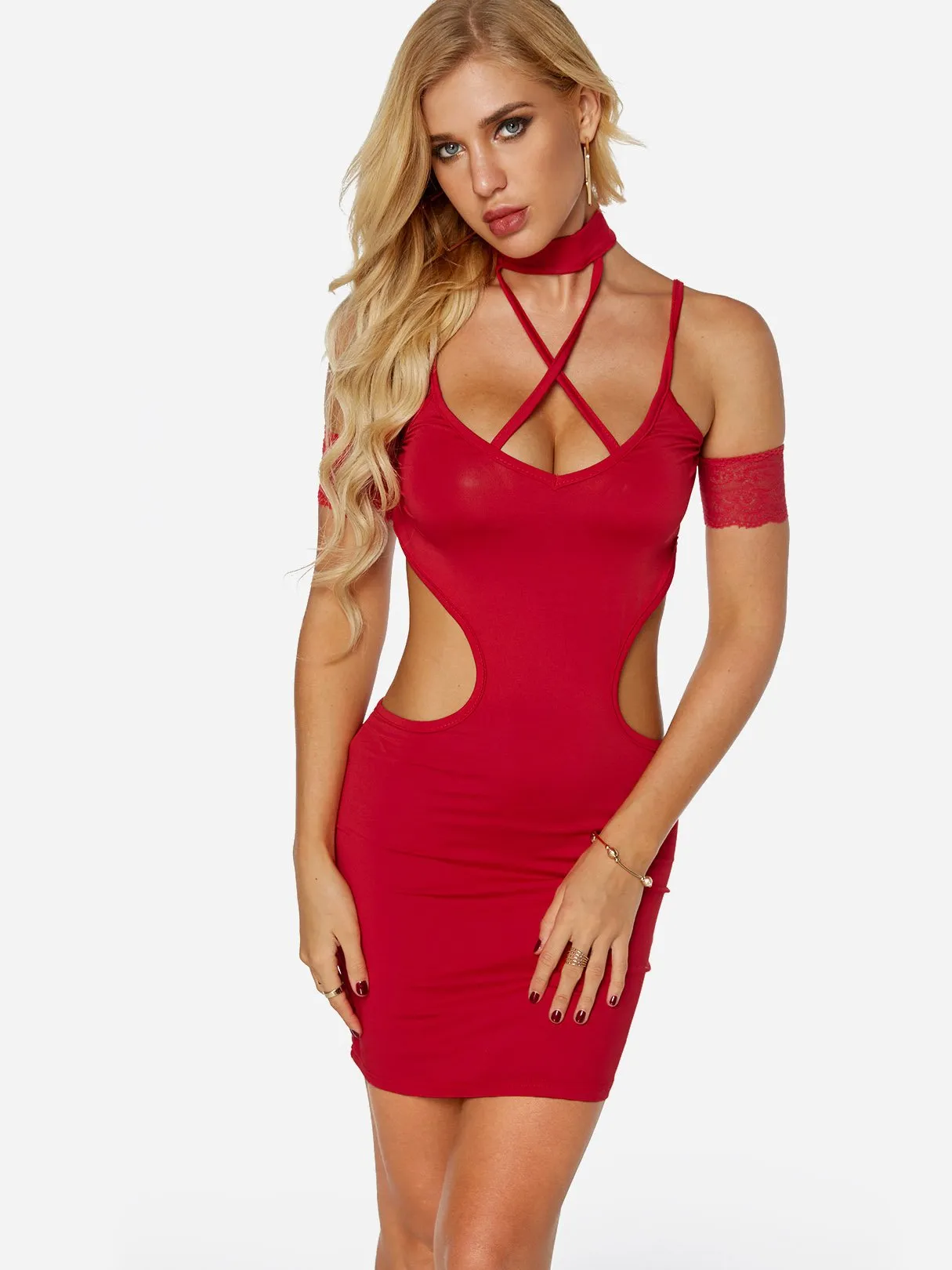 Wholesale Red Halter V-Neck Plain High Waist Dresses