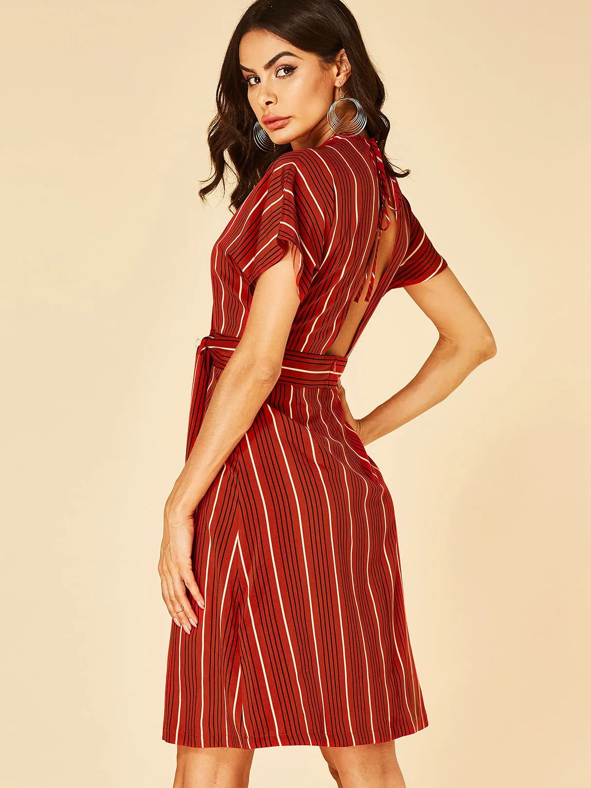 Wholesale Red V-Neck Short Sleeve Stripe Self-Tie Dresses