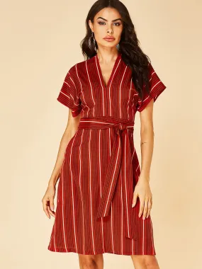 Wholesale Red V-Neck Short Sleeve Stripe Self-Tie Dresses