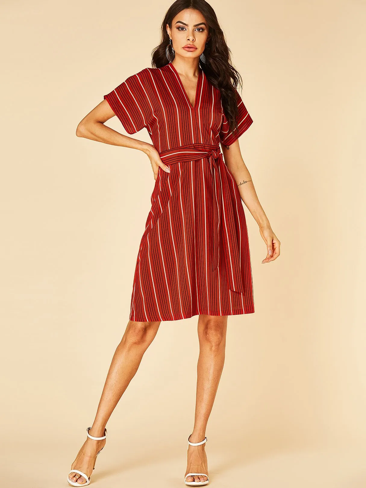 Wholesale Red V-Neck Short Sleeve Stripe Self-Tie Dresses