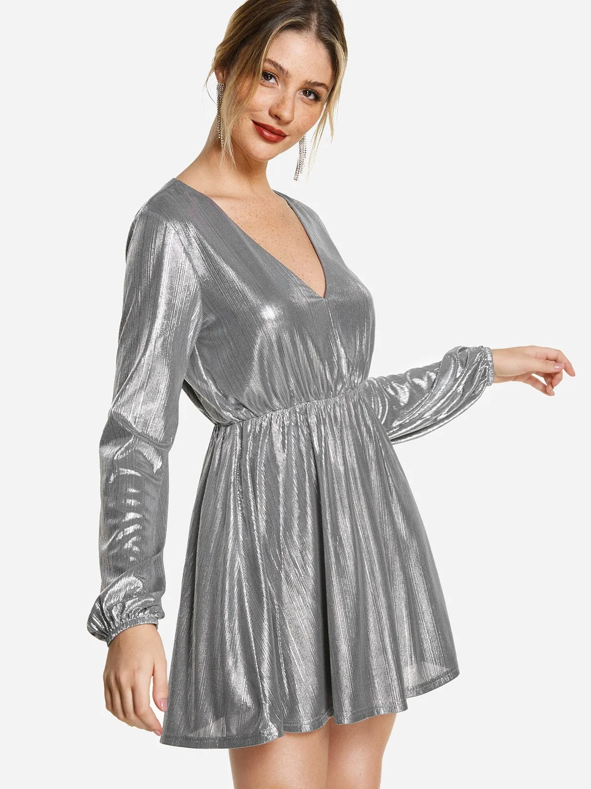 Wholesale Silver V-Neck Long Sleeve Dress