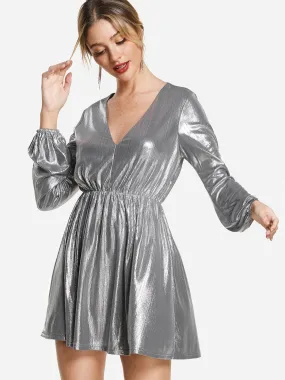 Wholesale Silver V-Neck Long Sleeve Dress