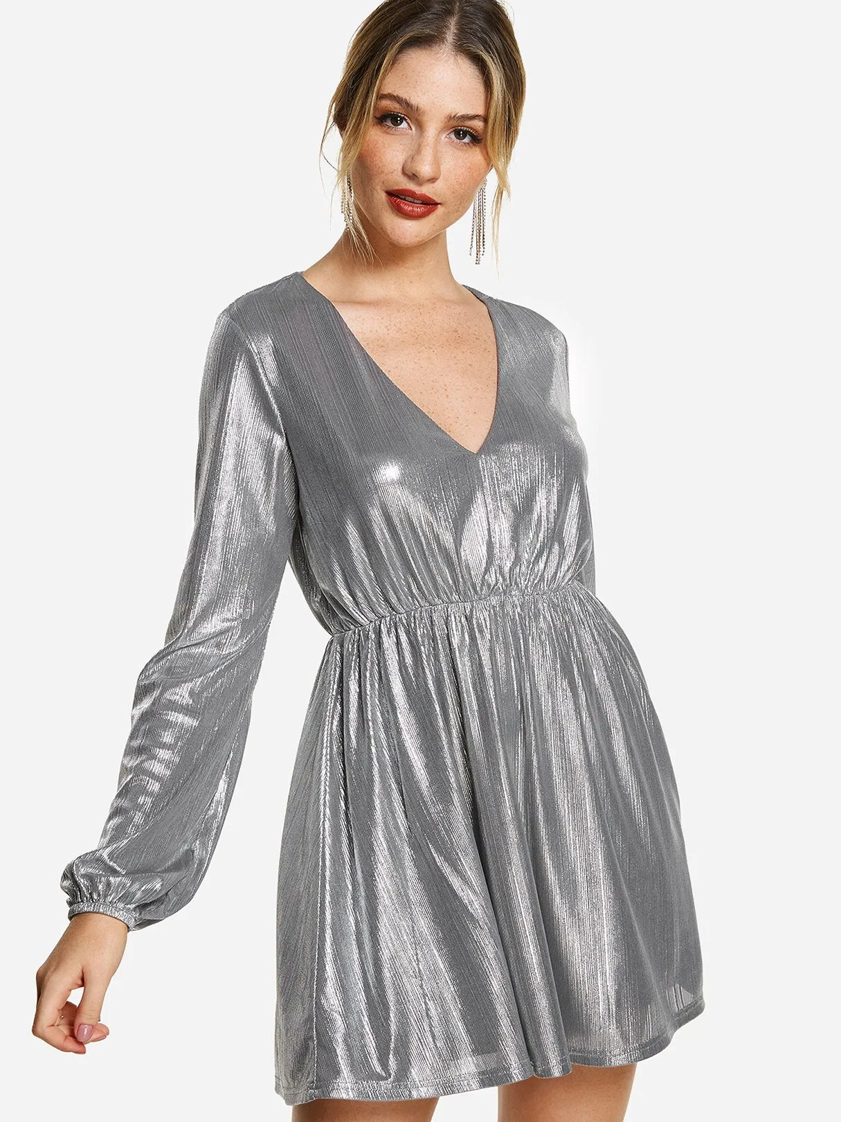 Wholesale Silver V-Neck Long Sleeve Dress