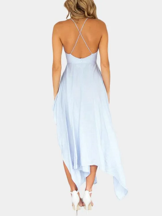 Wholesale Sky Blue V-Neck Sleeveless Backless Irregular Asymmetrical Hem Dresses