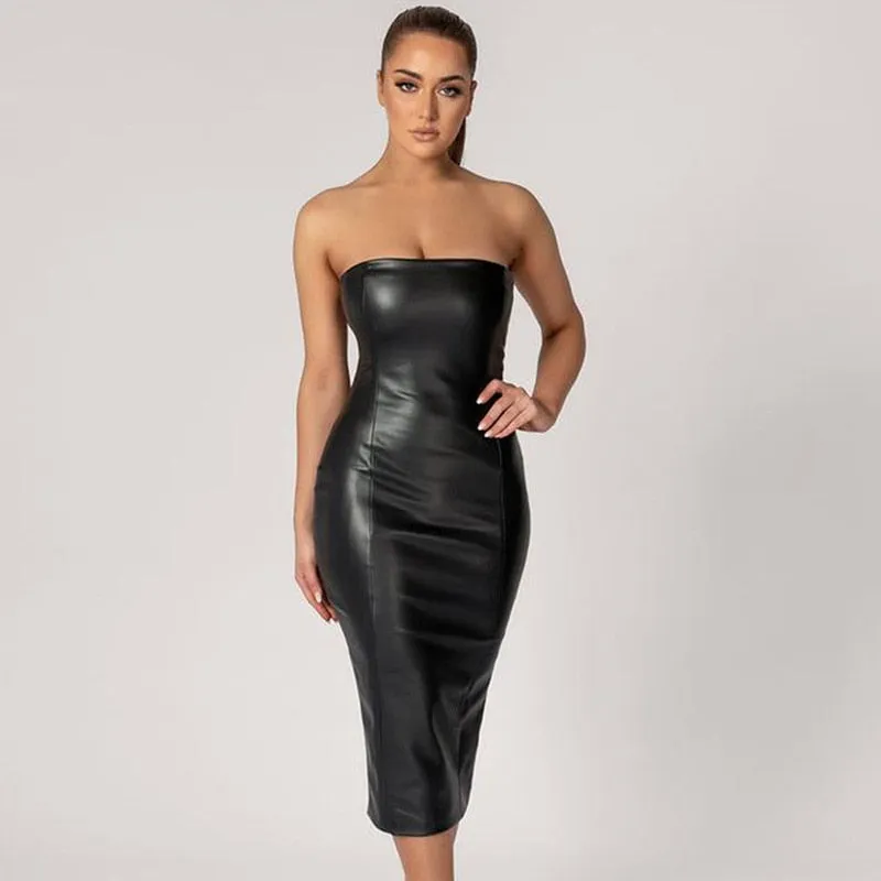 Women Sexy Strapless Tube Top Midi Dress Off Shoulder Bodycon Sexy Party Faux Leather Dress vestidos de mujer party dresses