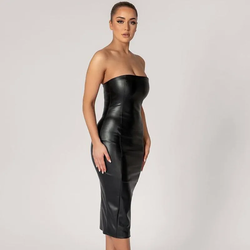 Women Sexy Strapless Tube Top Midi Dress Off Shoulder Bodycon Sexy Party Faux Leather Dress vestidos de mujer party dresses