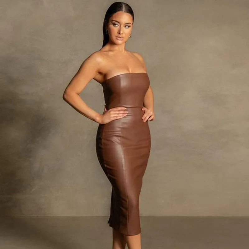 Women Sexy Strapless Tube Top Midi Dress Off Shoulder Bodycon Sexy Party Faux Leather Dress vestidos de mujer party dresses