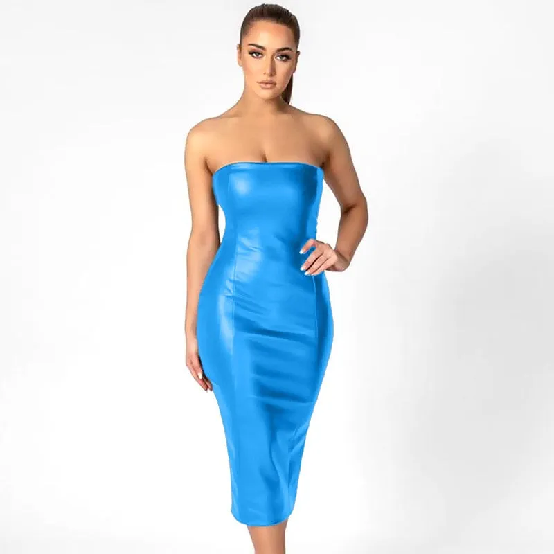 Women Sexy Strapless Tube Top Midi Dress Off Shoulder Bodycon Sexy Party Faux Leather Dress vestidos de mujer party dresses