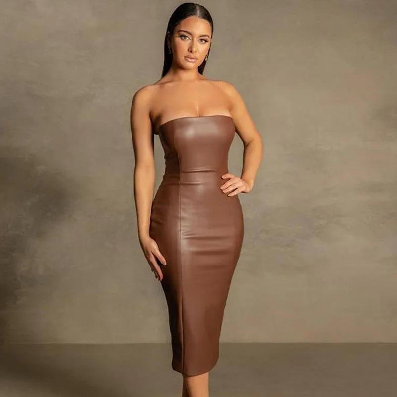 Women Sexy Strapless Tube Top Midi Dress Off Shoulder Bodycon Sexy Party Faux Leather Dress vestidos de mujer party dresses