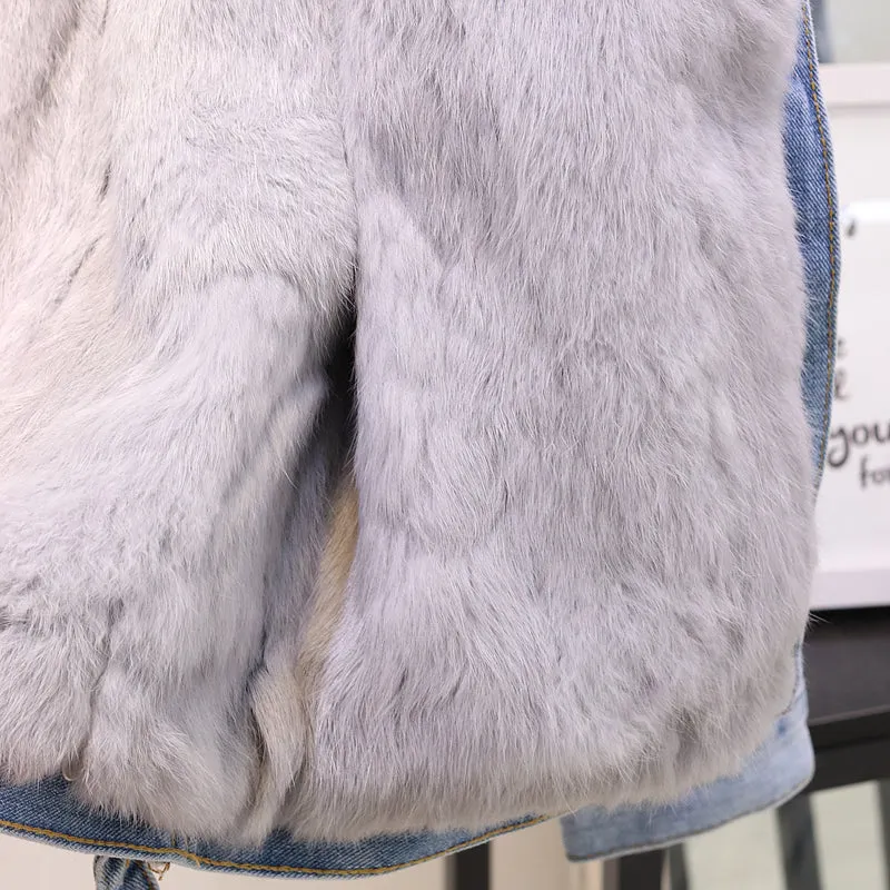 Women's Winter Denim Jacket With Natural Fox Fur