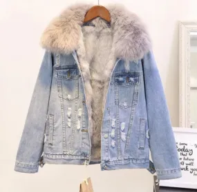 Women's Winter Denim Jacket With Natural Fox Fur