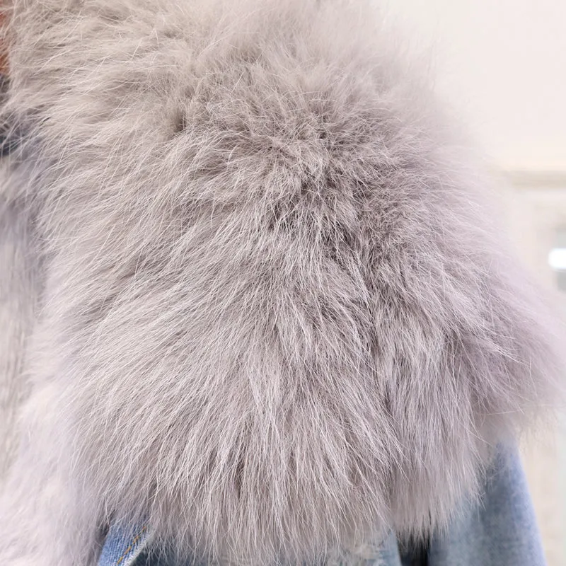 Women's Winter Denim Jacket With Natural Fox Fur